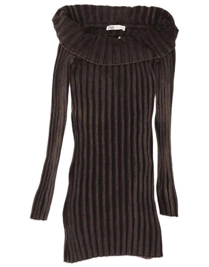 ZARA Robe pull à manches longues pour femme UK 14 Large Noir Coton