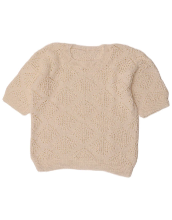 vintage Femmes Crop Crew Neck Jumper Pull UK 14 Moyen Blanc