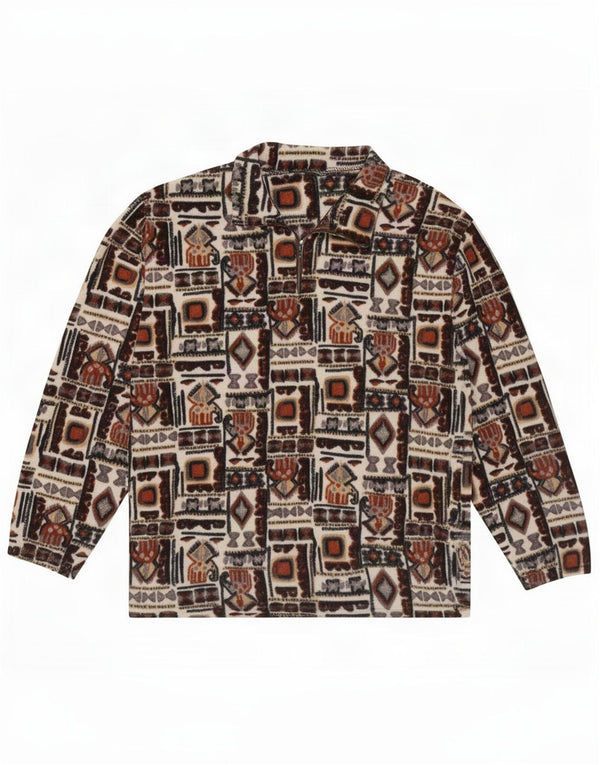 vintage Mens Zip Neck Fleece Jumper XL Multicolore Géométrique