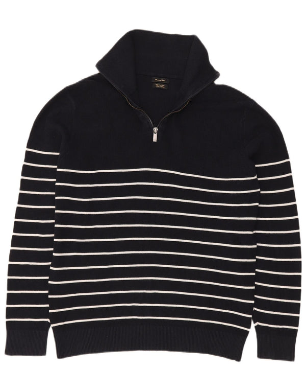MASSIMO DUTTI Pull Col Zippé Homme XL Bleu Marine Rayé Coton