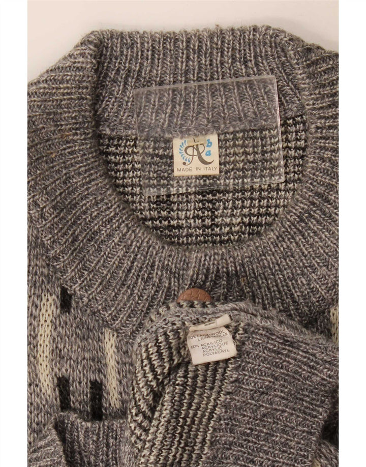 vintage Mens Cardigan Sweater Grande laine géométrique grise
