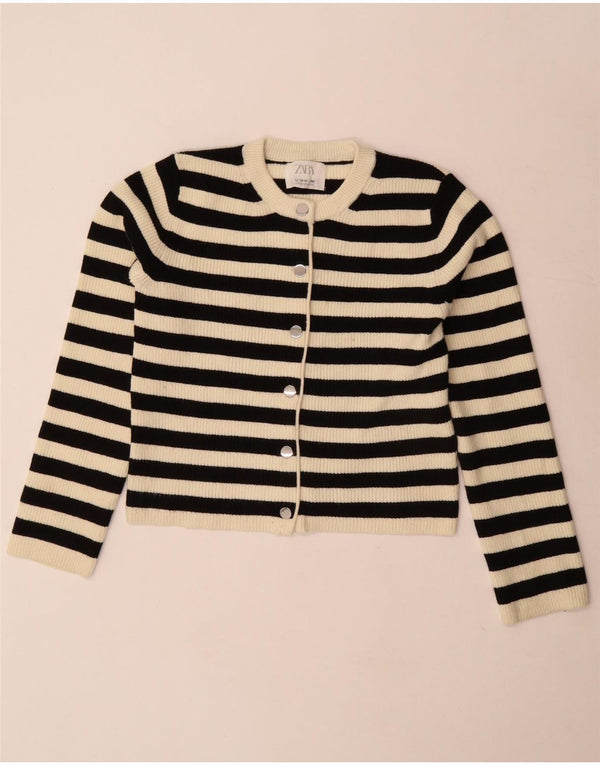 Zara Girls Crop Cardigan Sweater 13-14 Years Black Striped Viscose