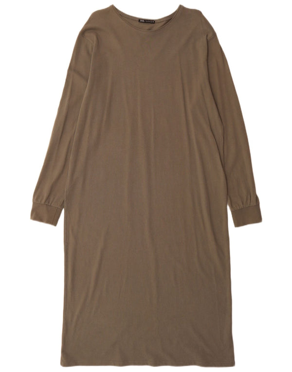 Zara Robe longue à manches longues pour femme UK 16 Grand coton kaki