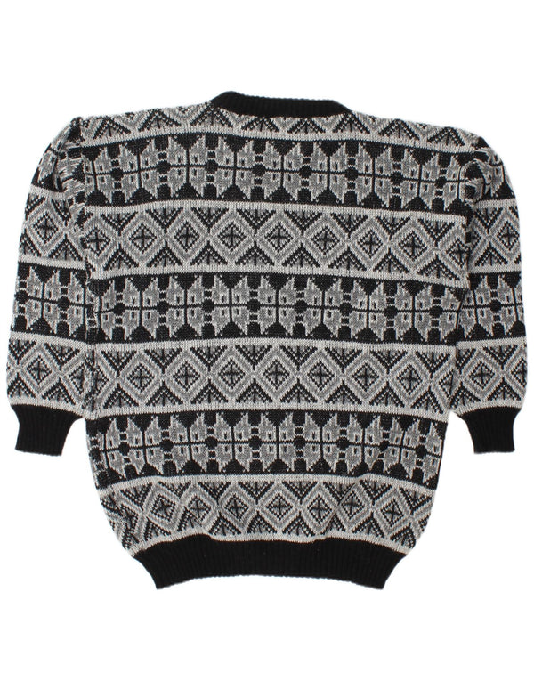 vintage Mens Loose Fit Boat Neck Jumper Pull Moyen Noir Géométrique Laine