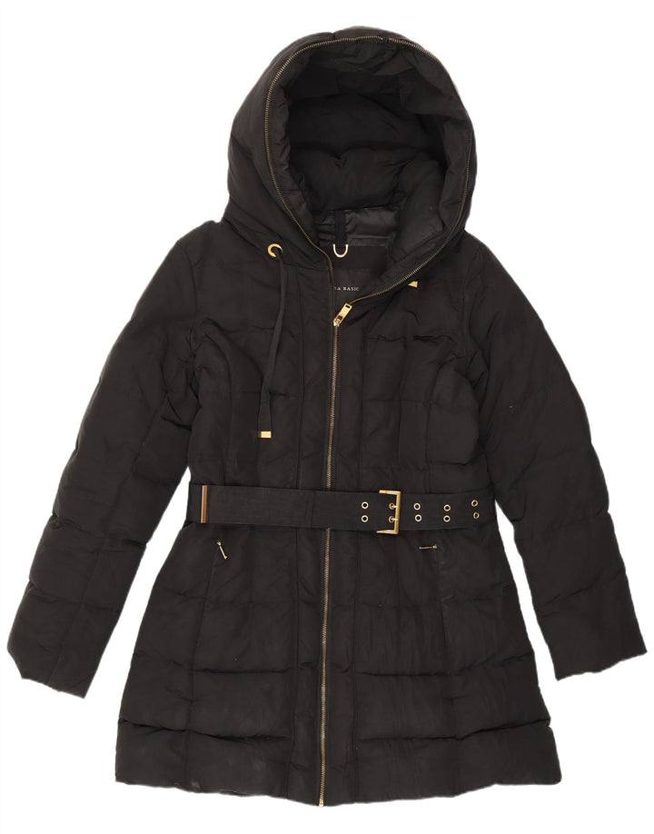 Zara Veste matelassée à capuche pour femme UK 16 Large Noir Polyester