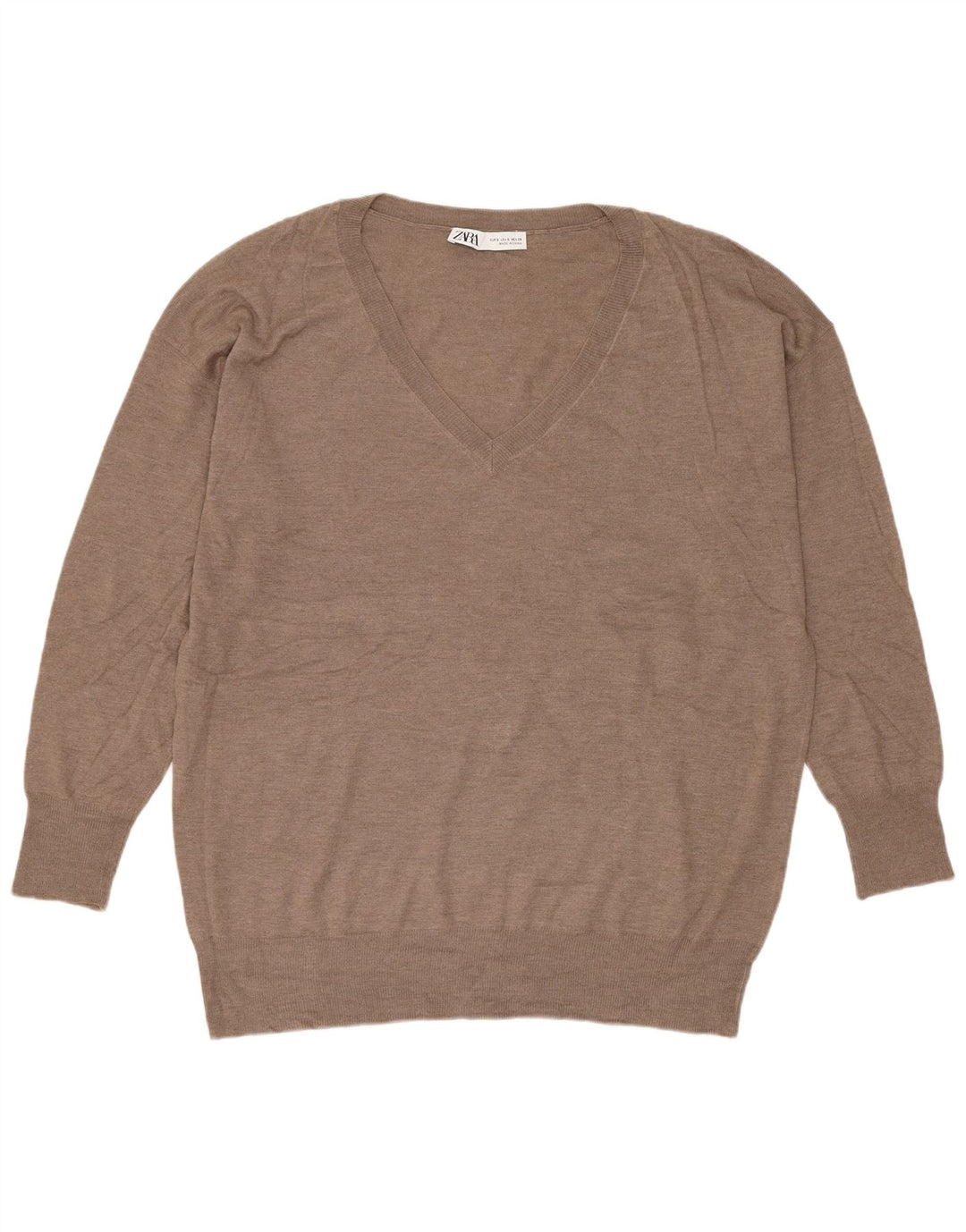 Zara Pull surdimensionné à col en V pour femme UK 10 Petit Beige