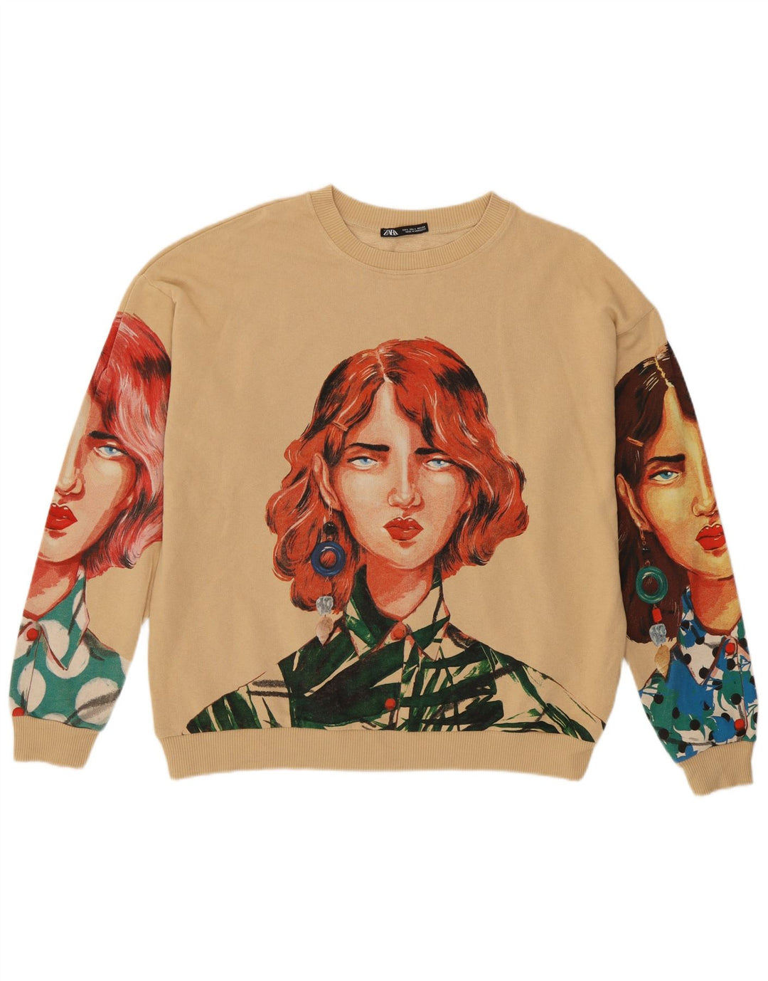 Zara Womens Abstract Pattern Sweatshirt Jumper UK 16 Grand Coton Beige