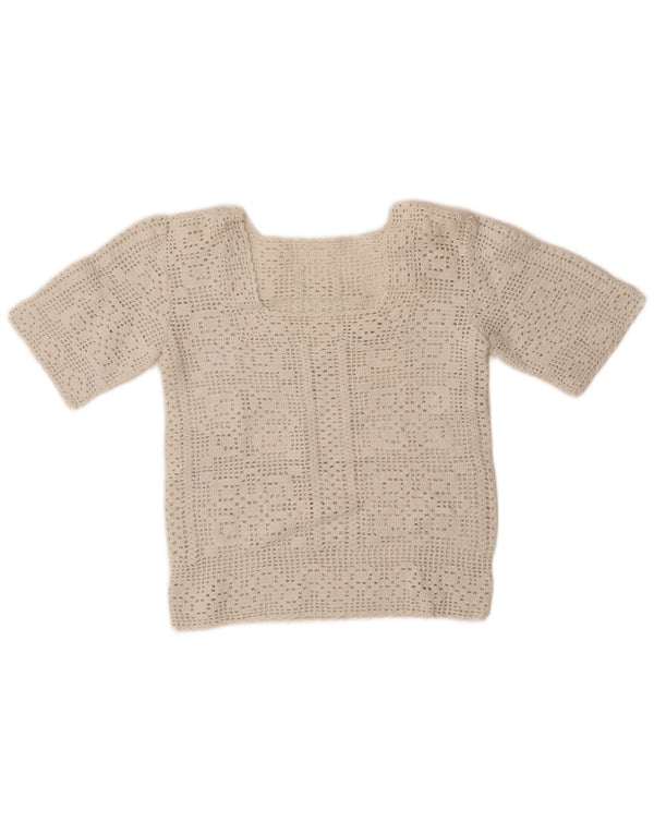 vintage Womens Crop Short Sleeve Crew Neck Jumper Pull UK 10 Petit Blanc