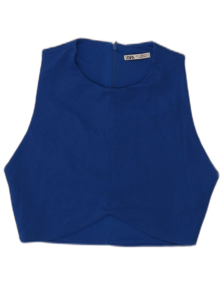 Zara Womens Crop Blouse sans manches Top UK 14 Large Bleu Polyester