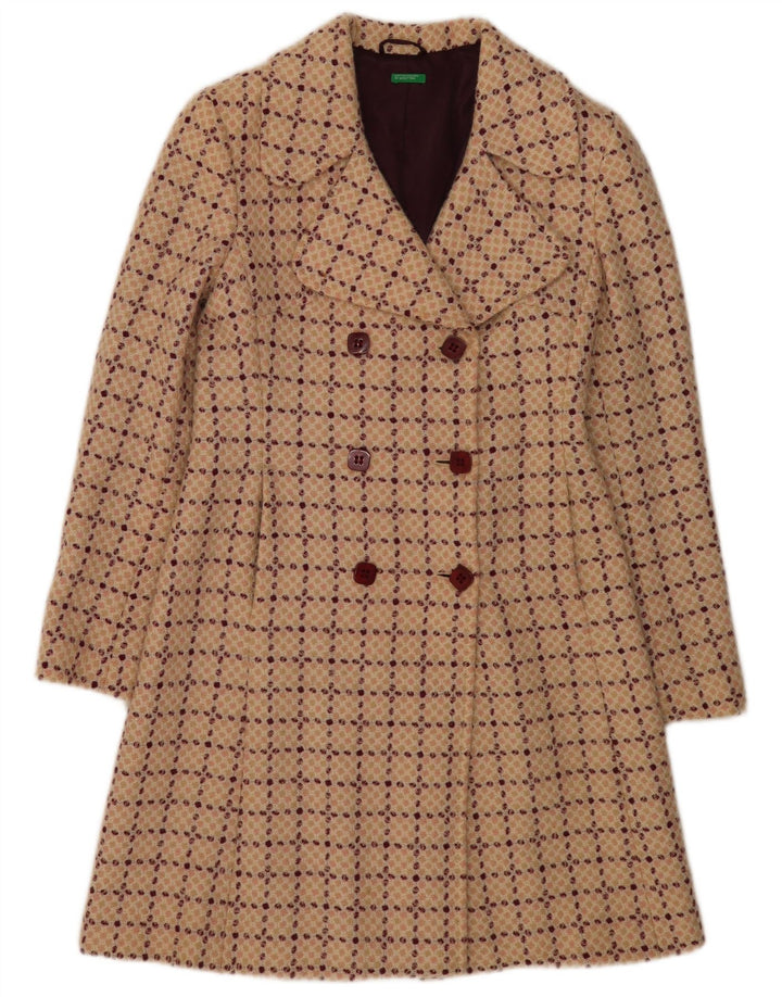 Benetton Manteau Croisé Femme IT 42 Laine À Carreaux Beige Moyen