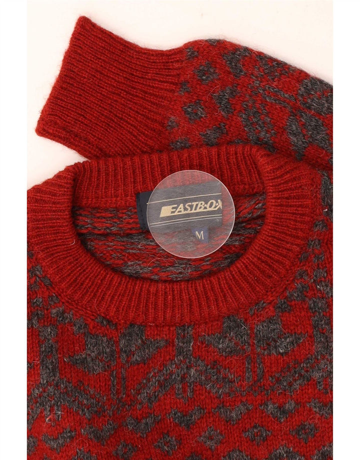 vintage Mens Crew Neck Jumper Pull Moyen Rouge Fair Isle Rétro