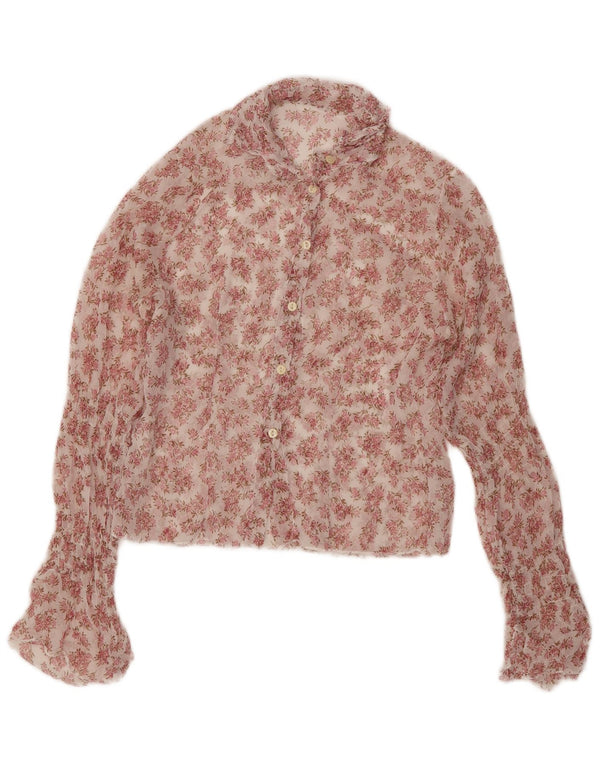 vintage Womens Crop Voir à travers la chemise Blouse UK 12 Floral rose moyen