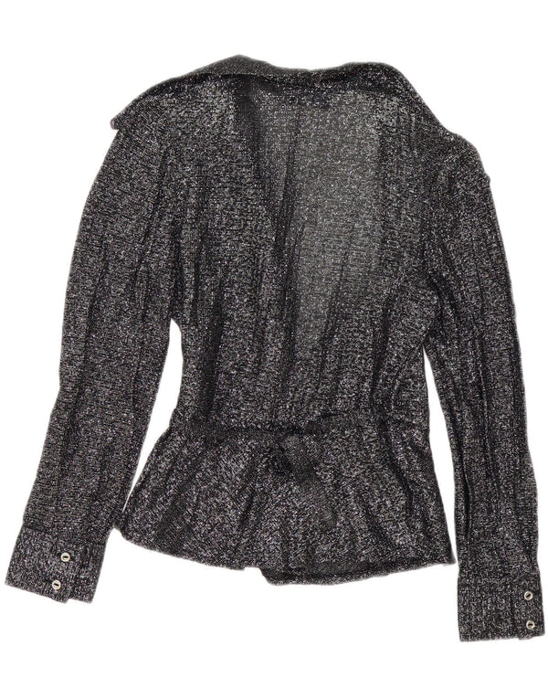 vintage Femme Wrap Chemise Blouse EU 38 Moyen Noir Moucheté