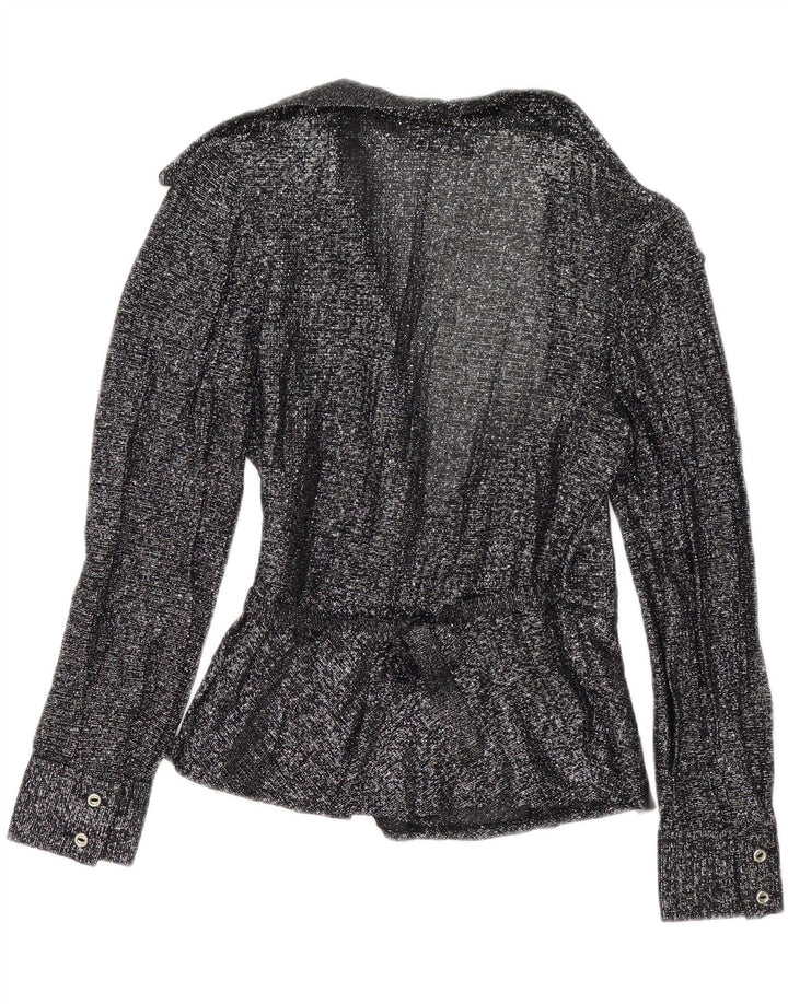 vintage Femme Wrap Chemise Blouse EU 38 Moyen Noir Moucheté