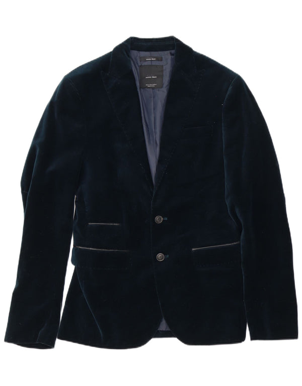 Zara Veste blazer en velours à 2 boutons pour homme EU 46 Small Bleu marine Polyester