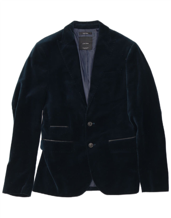 Zara Veste blazer en velours à 2 boutons pour homme EU 46 Small Bleu marine Polyester