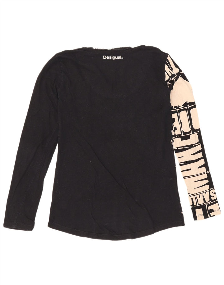 Desigual Femme Graphic Top Manches Longues UK 12 Moyen Noir Coton