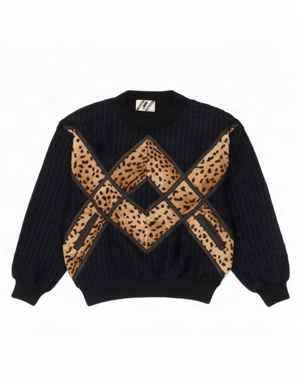vintage Womens Crew Neck Jumper Sweater UK 16 Grand imprimé animal noir