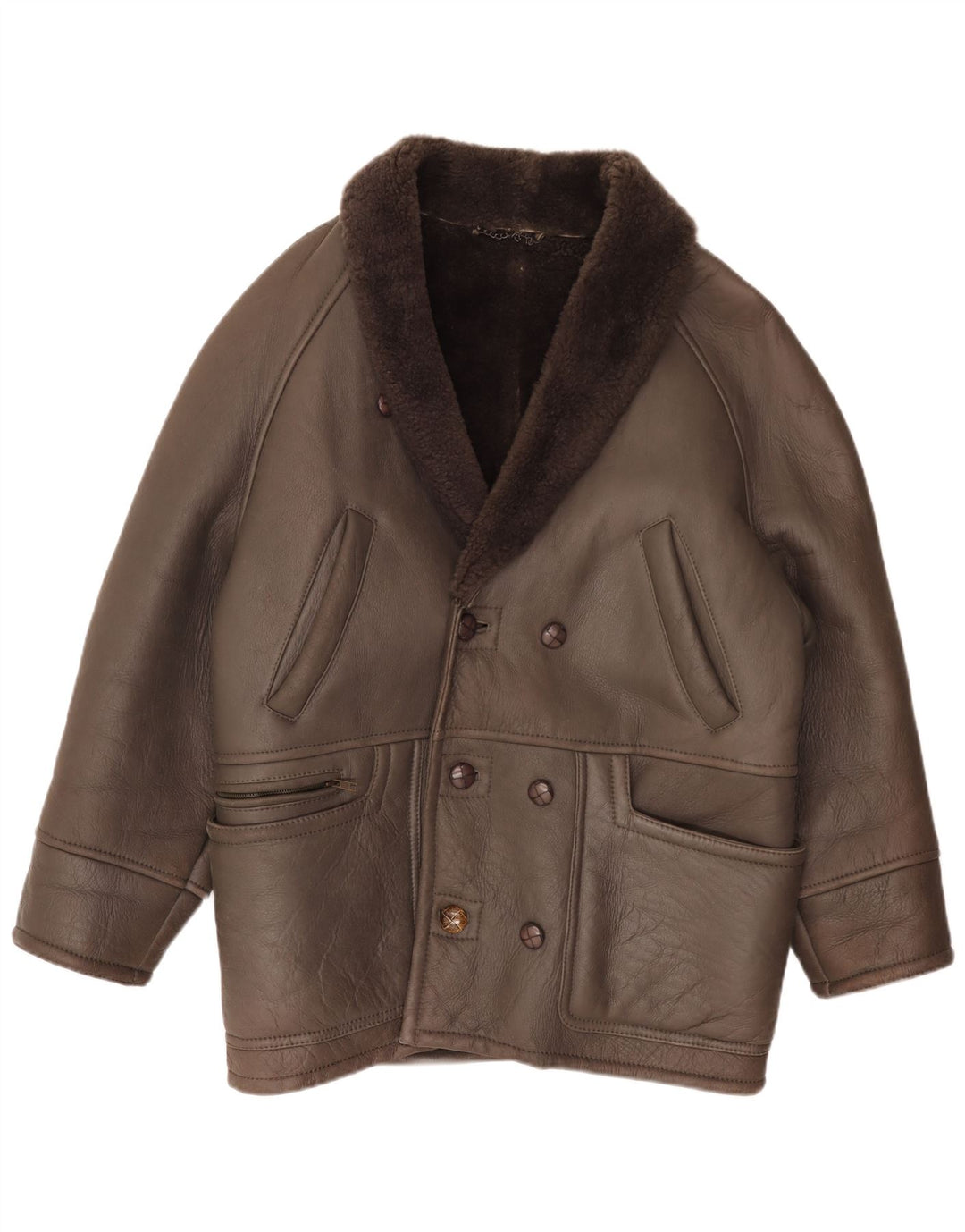vintage Mens Double Breasted Shearling Jacket IT 50 Grand Cuir Marron