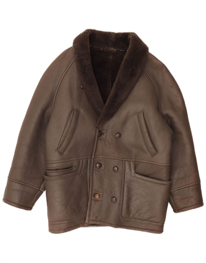 vintage Mens Double Breasted Shearling Jacket IT 50 Grand Cuir Marron