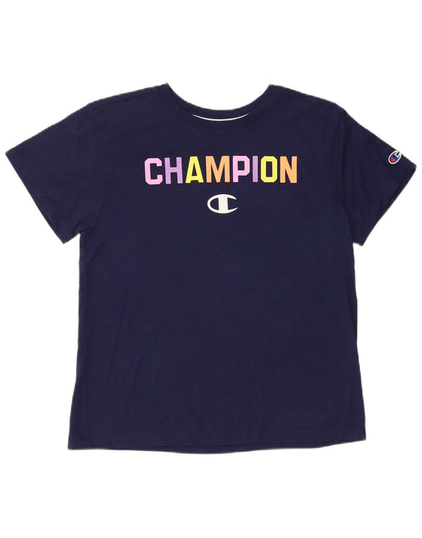 CHAMPION T-shirt court graphique pour femme UK 14 Bleu marine moyen Coton