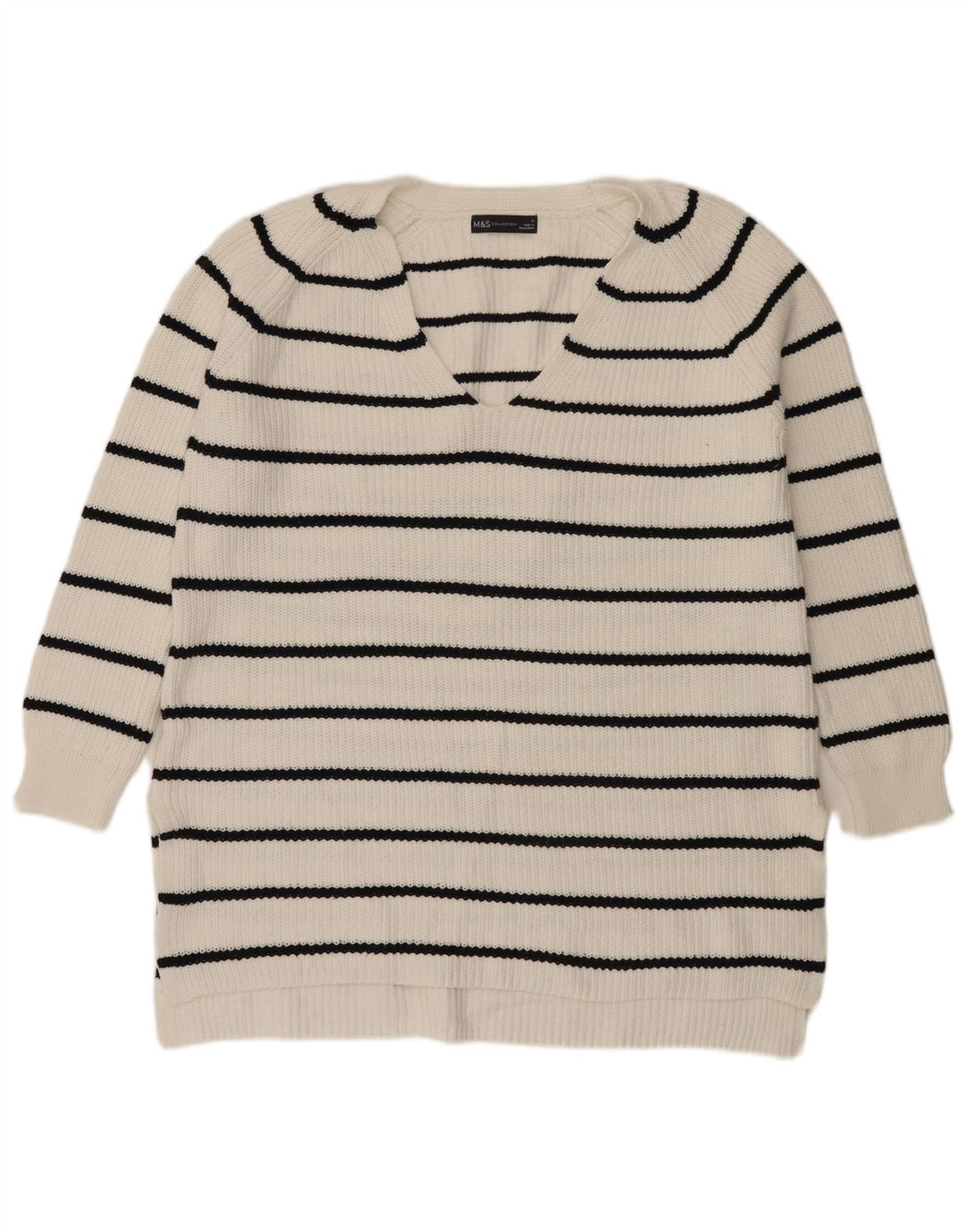 Marks & Spencer Pull col en V pour femme UK 14 Medium Blanc rayé