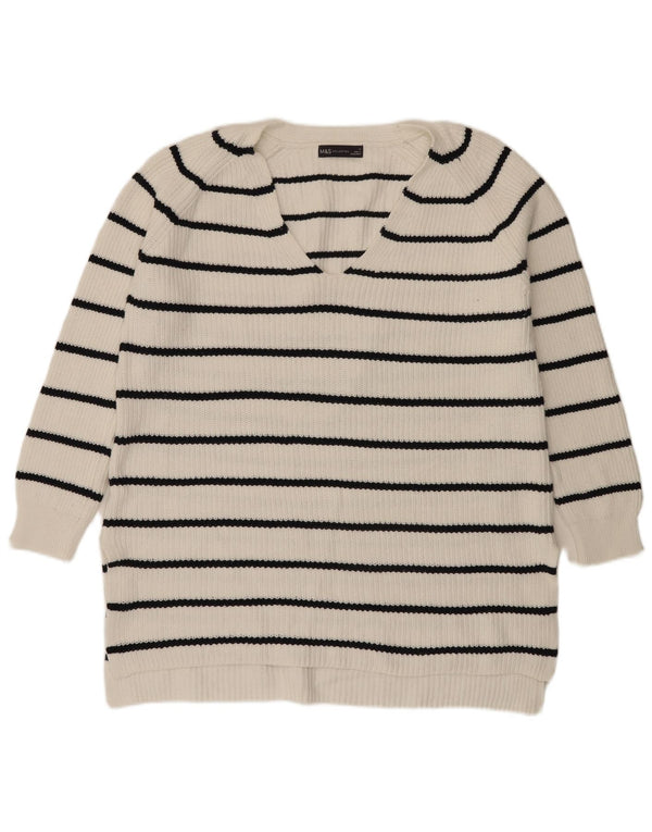 Marks & Spencer Pull col en V pour femme UK 14 Medium Blanc rayé
