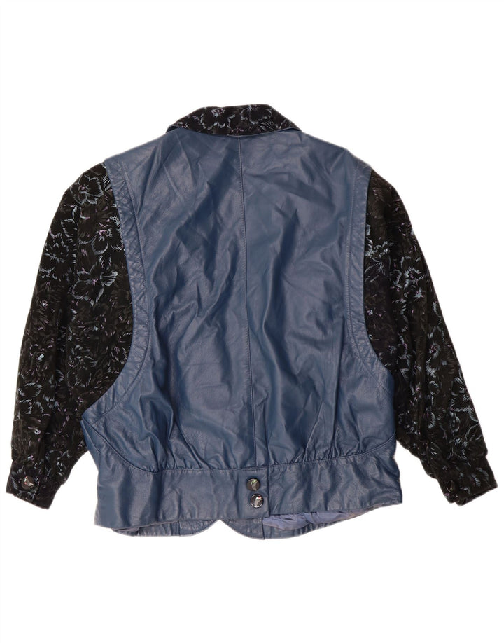 veste en cuir femme vintage UK 14 Grand Bleu Floral Rétro