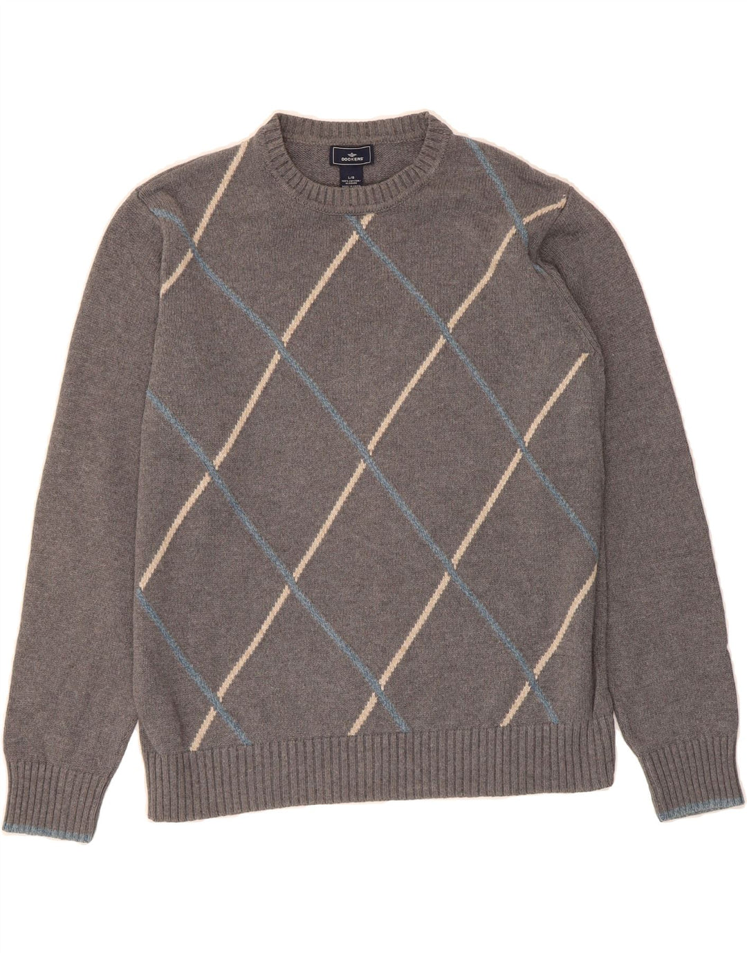 DOCKERS Mens Crew Neck Jumper Sweater Large Grey Argyle/Diamond Cotton Vintage Dockers and Second-Hand Dockers from Messina Hembry 