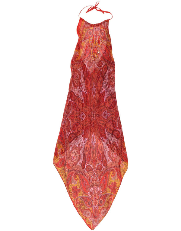vintage Womens Halter Robe Asymétrique UK 8 Petite Soie Paisley Rouge