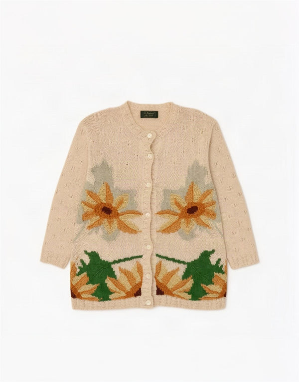 vintage Femme Cardigan Pull UK 14 Moyen Beige Floral