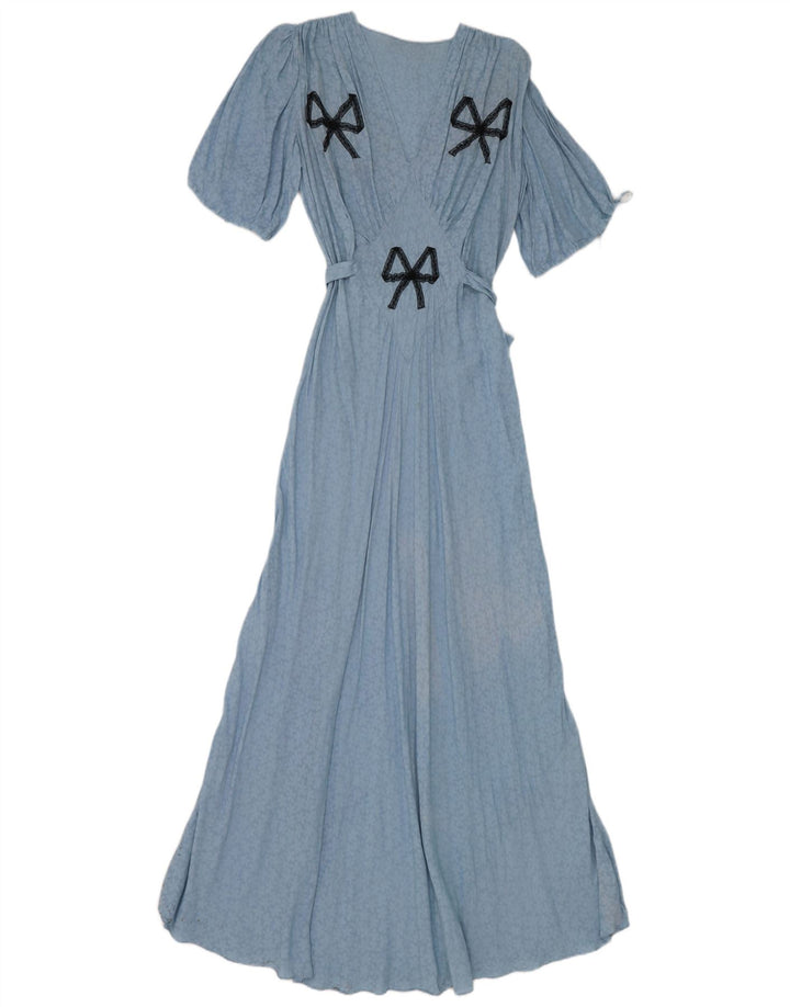 vintage Femme Maxi Robe UK 12 Moyen Bleu Floral
