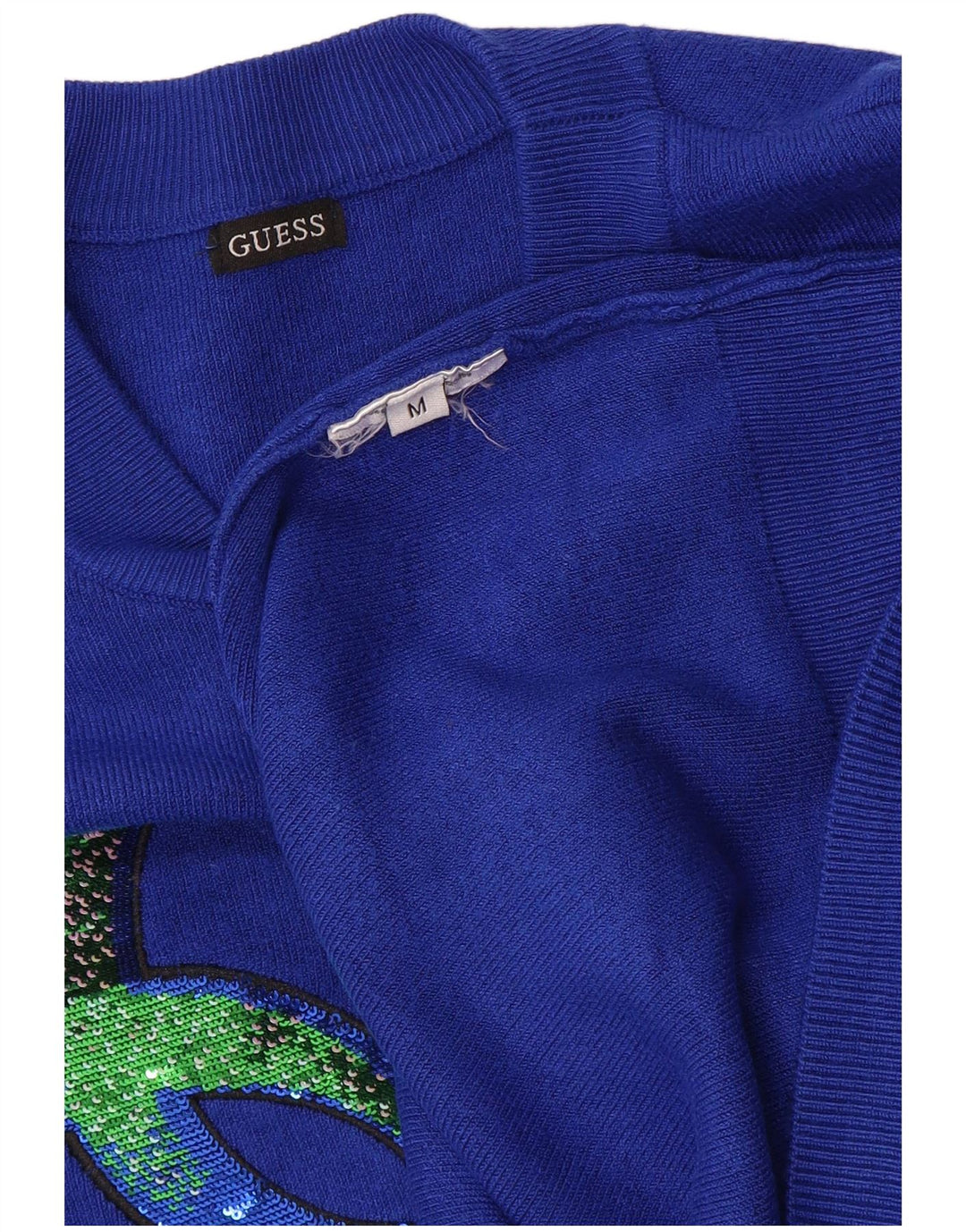 Guess Pull graphique à col rond pour femme UK 14 Bleu moyen
