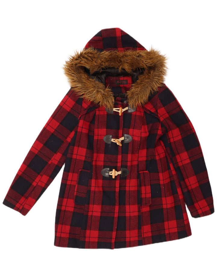 Miss Selfridge Duffle Jacket à capuche pour femme UK 10 Petite laine à carreaux rouge