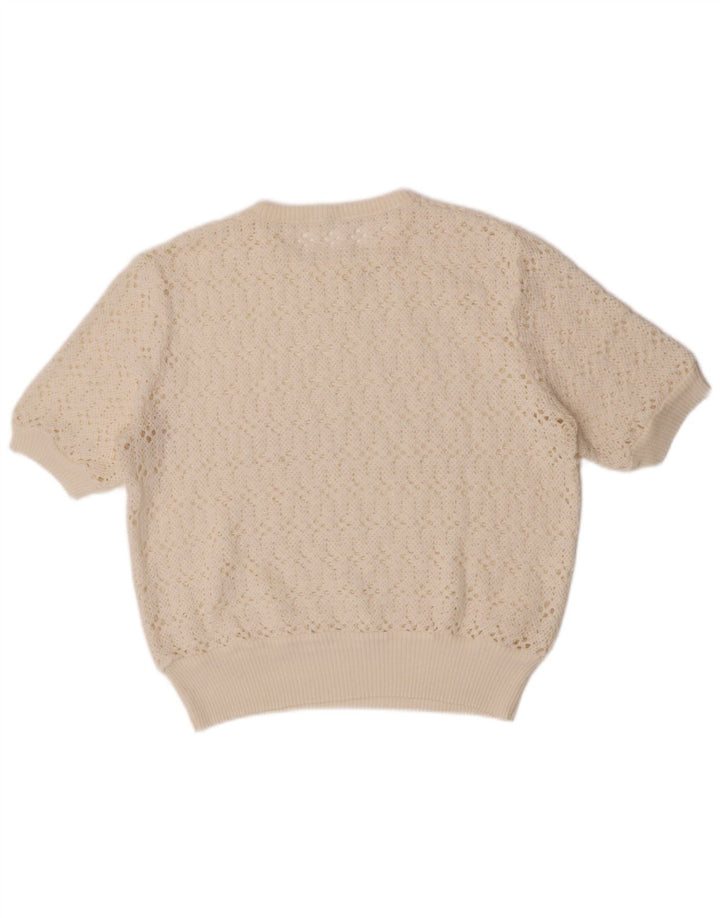 vintage Femmes Manches Courtes Crew Neck Jumper Pull UK 12 Moyen Off White