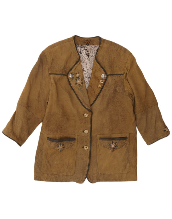 VINTAGE Veste blazer en cuir à manches 3/4 pour femme EU 44 XL Kaki