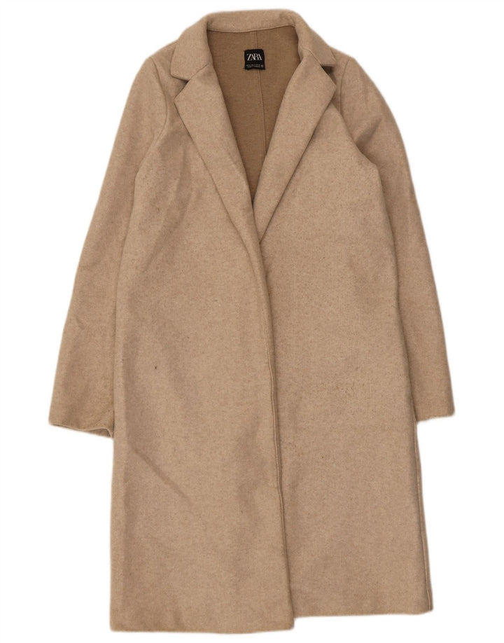 Zara Femme Manteau Ouvert UK 10 Petit Beige Polyester