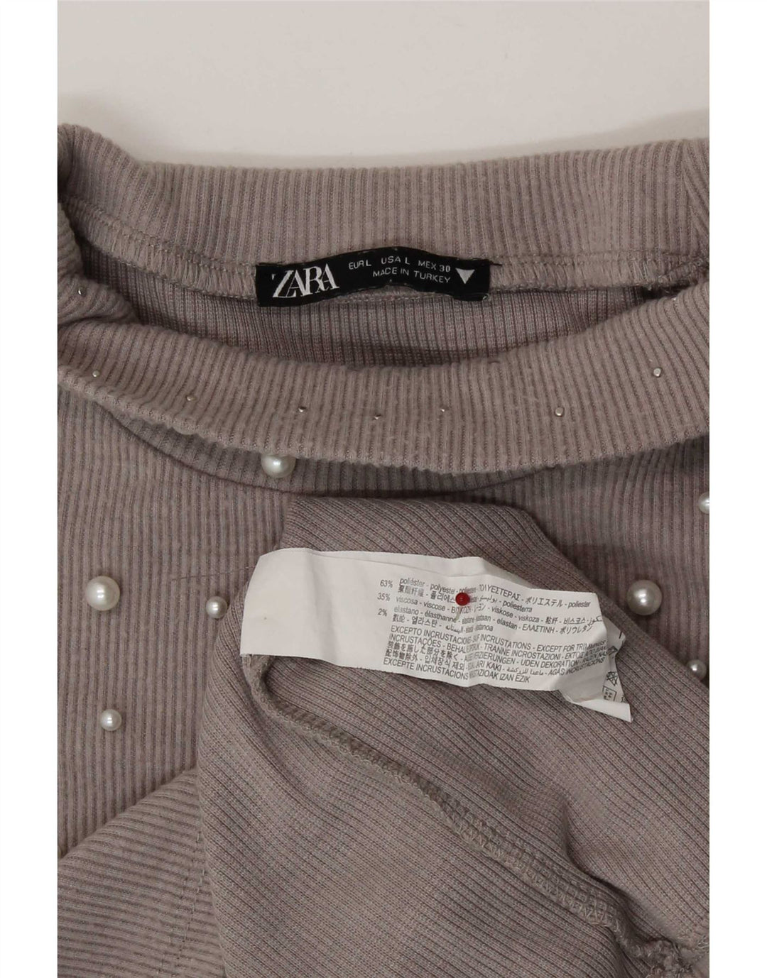 Zara Femme Crop Top Manches Longues UK 14 Large Gris Polyester