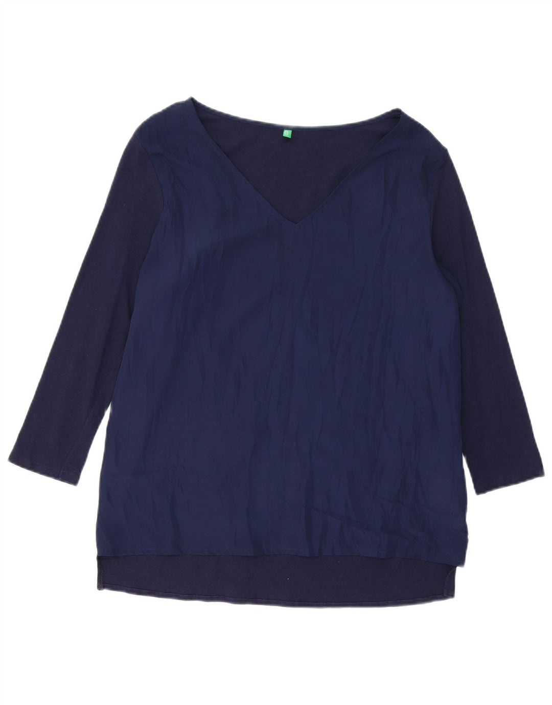 BENETTON Haut Femme Manches 3/4 UK 16 Large Bleu Marine Coton