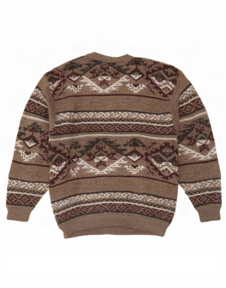 Kennington Pull à col rond pour homme en laine Fair Isle marron