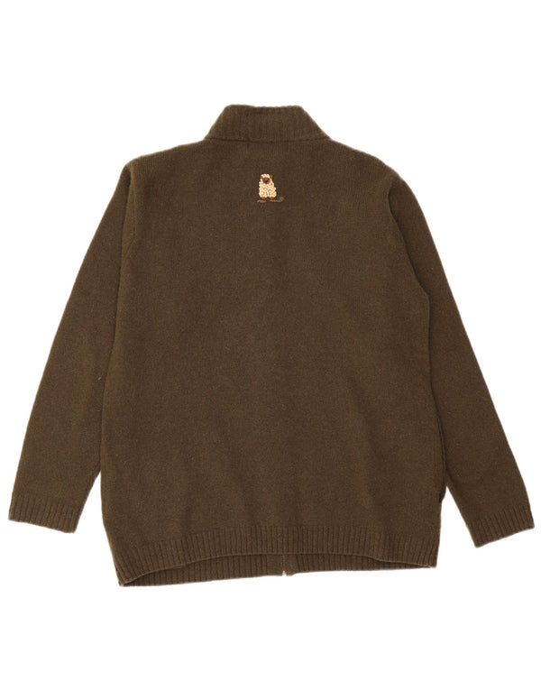 Tulchan Womens Graphic Cardigan Sweater UK 14 Medium Khaki Wool