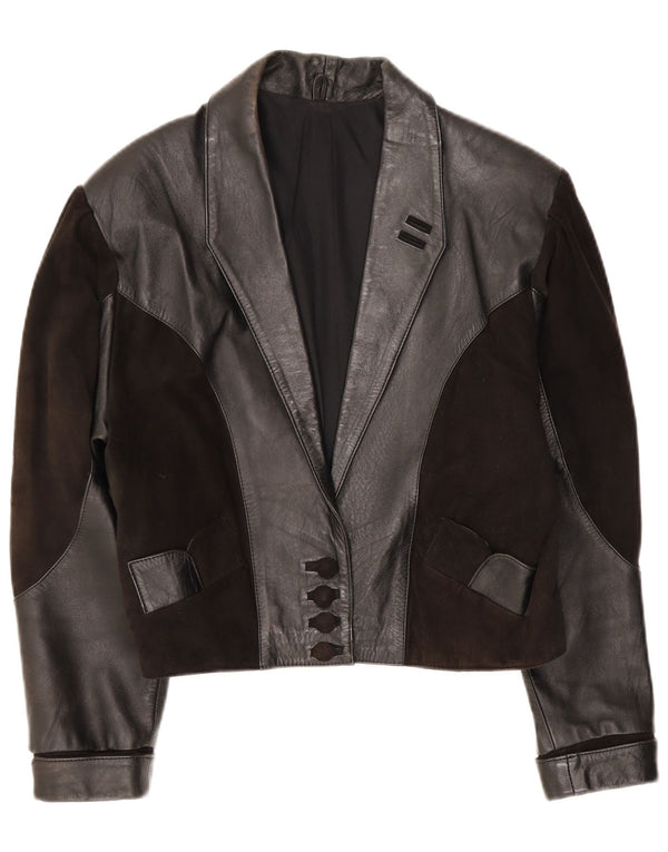 veste en cuir femme vintage UK 14 Patchwork noir moyen