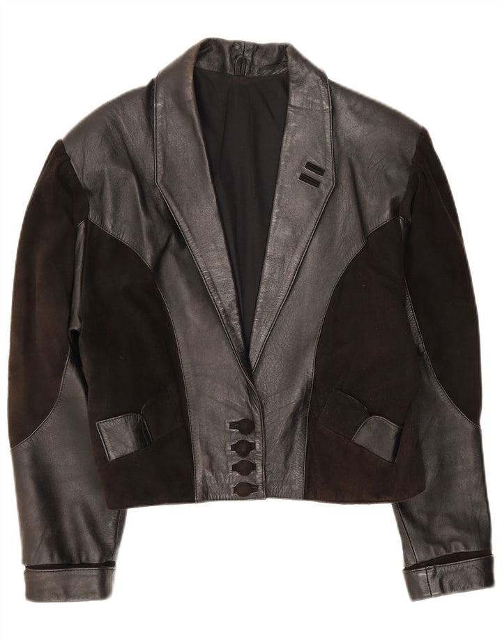 veste en cuir femme vintage UK 14 Patchwork noir moyen