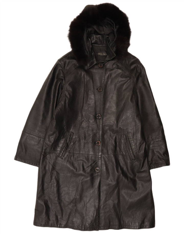 Manteau en cuir à capuche femme vintage IT 48 XL Noir