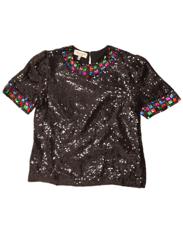 vintage Femmes Sequin Blouse Top UK 16 Grande Soie Noire