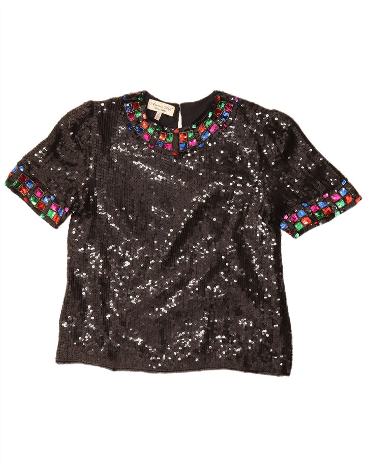 vintage Femmes Sequin Blouse Top UK 16 Grande Soie Noire