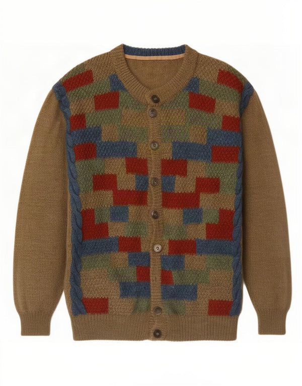 Vintage Mens Cardigan Sweater XL Brown Geometric