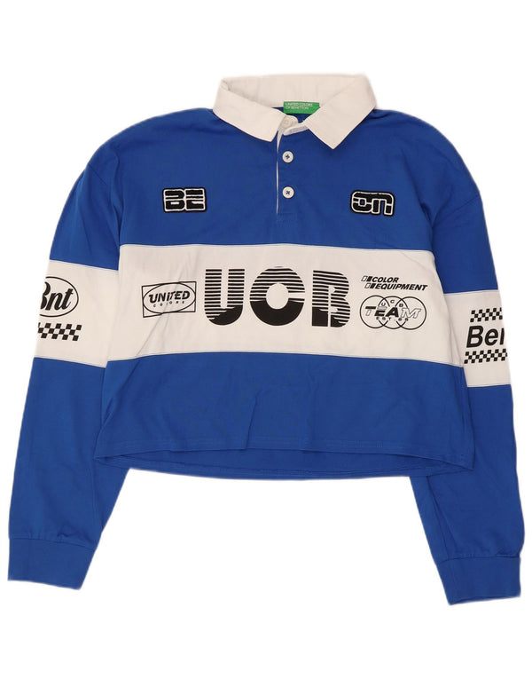 Benetton Polo de rugby graphique court pour femme UK 14 Bleu moyen Colourblock