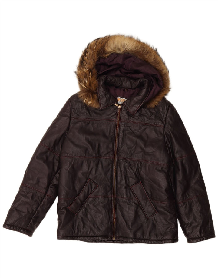 VINTAGE Veste en cuir à capuche femme UK 16 Large Maroon