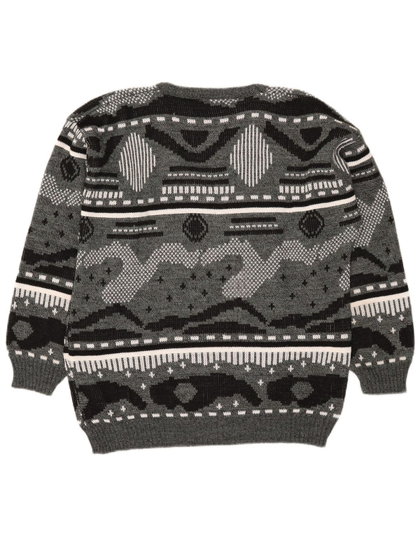vintage Mens V-neck Jumper Sweater XL Gris Géométrique Acrylique